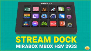 Front of the MiraBox Mbox HSV 293S Slim Stream Dock. Below is a title text Streaming Dock Mirabox Mbox HSV 293S