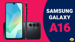 Thumbnail for the review of the Samsung Galaxy A16 smartphone. On the left is the Samsung Galaxy A16 smartphone, black version, in three positions - front, side, and back. Background is pure red/pink. On the right is the title text "Samsung Galaxy A16". Background is dark blue. Below on the bottom-right is the logo of Original Video Reviews.